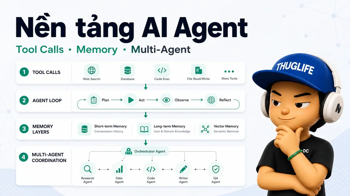 Khóa học 22 chương thiết kế AI Agent - P2: Nền tảng, Bộ nhớ và Phối hợp đa-Agent